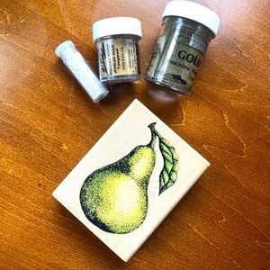 Pear rubber stamp and set of 3 embossing glitters
